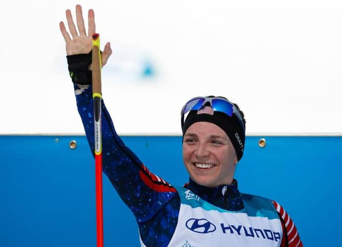 Kendall Gretsch following a Nordic skiing win